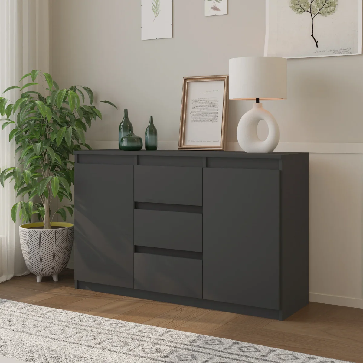 MIKEL - Commode 3 Tiroirs et 2 Portes - Armoire de Rangement pour Couloir/Chambre à Coucher - Buffet - H75cm L120cm P35cm (Anthracite) – Image 5