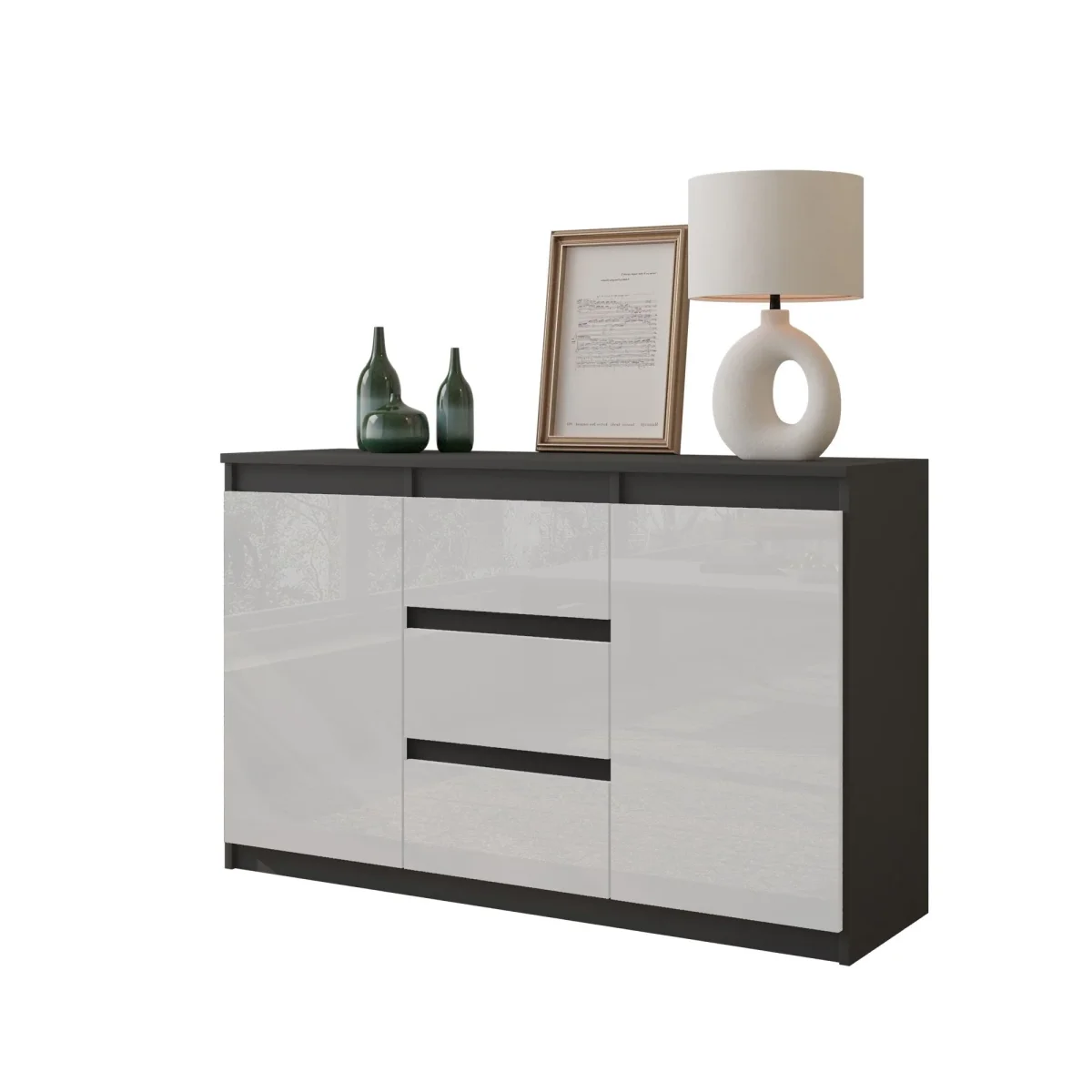 MIKEL - Commode 3 Tiroirs et 2 Portes - Armoire de Rangement pour Couloir/Chambre à Coucher - Buffet - H75cm L120cm P35cm (Anthracite/Blanc Brillant) – Image 2