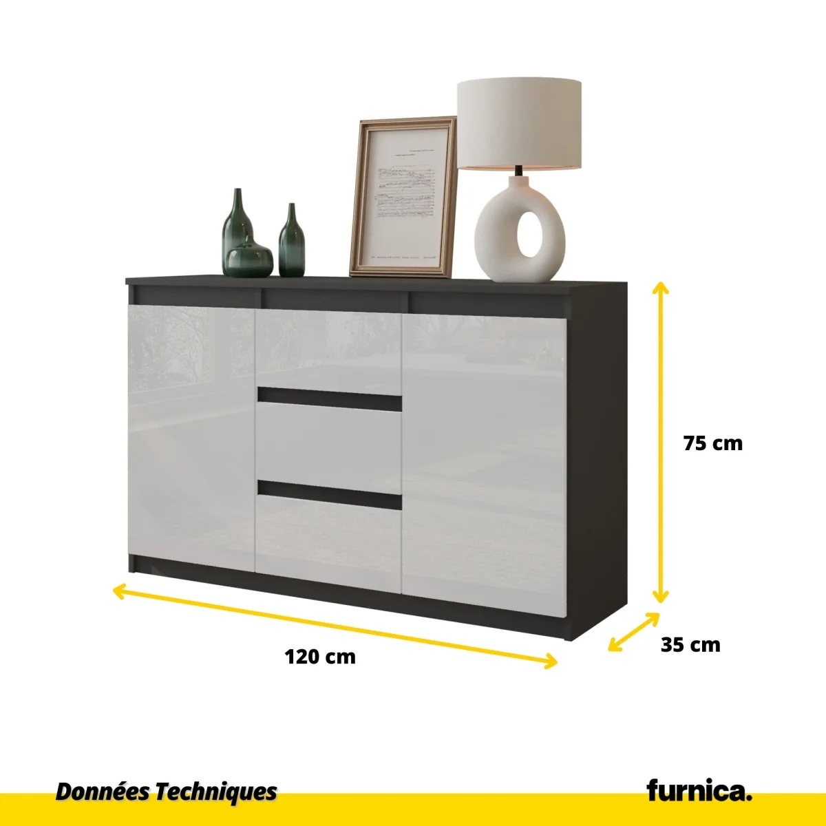 MIKEL - Commode 3 Tiroirs et 2 Portes - Armoire de Rangement pour Couloir/Chambre à Coucher - Buffet - H75cm L120cm P35cm (Anthracite/Blanc Brillant) – Image 3