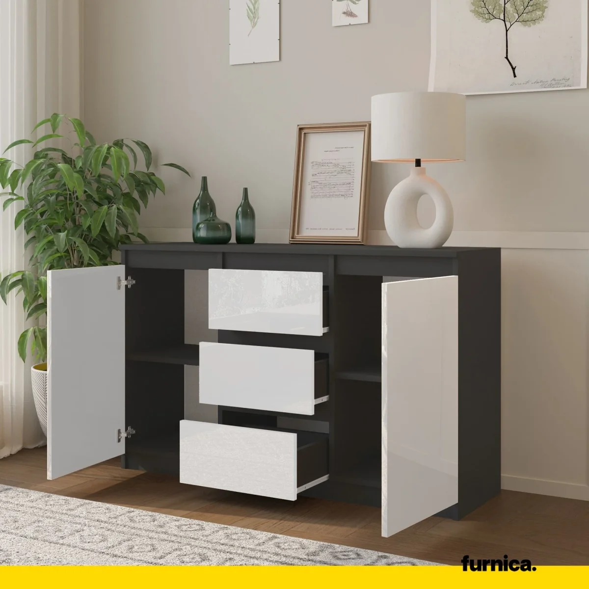 MIKEL - Commode 3 Tiroirs et 2 Portes - Armoire de Rangement pour Couloir/Chambre à Coucher - Buffet - H75cm L120cm P35cm (Anthracite/Blanc Brillant) – Image 6