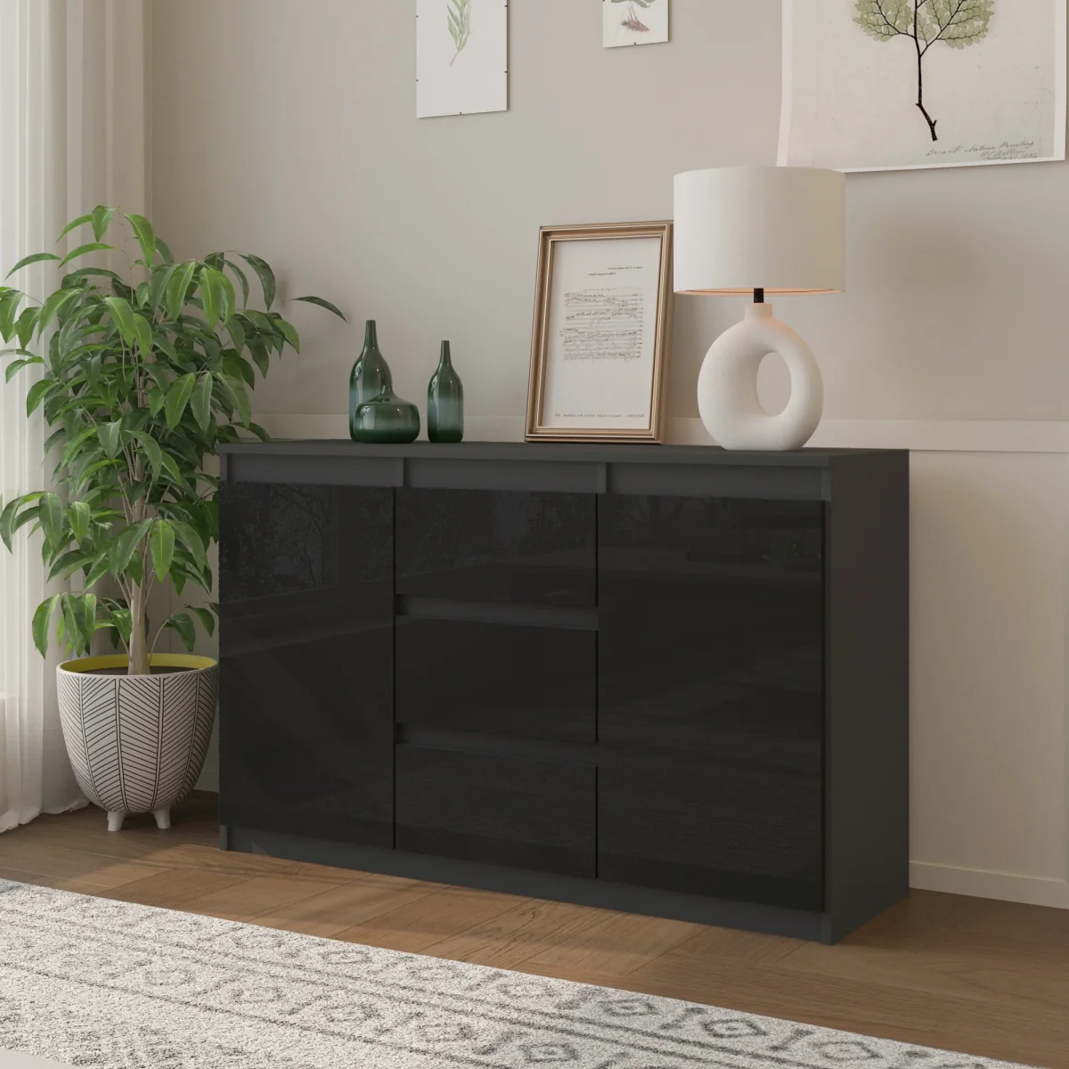 MIKEL - Commode 3 Tiroirs et 2 Portes - Armoire de Rangement pour Couloir/Chambre à Coucher - Buffet - H75cm L120cm P35cm (Anthracite/Noir Brillant) – Image 5