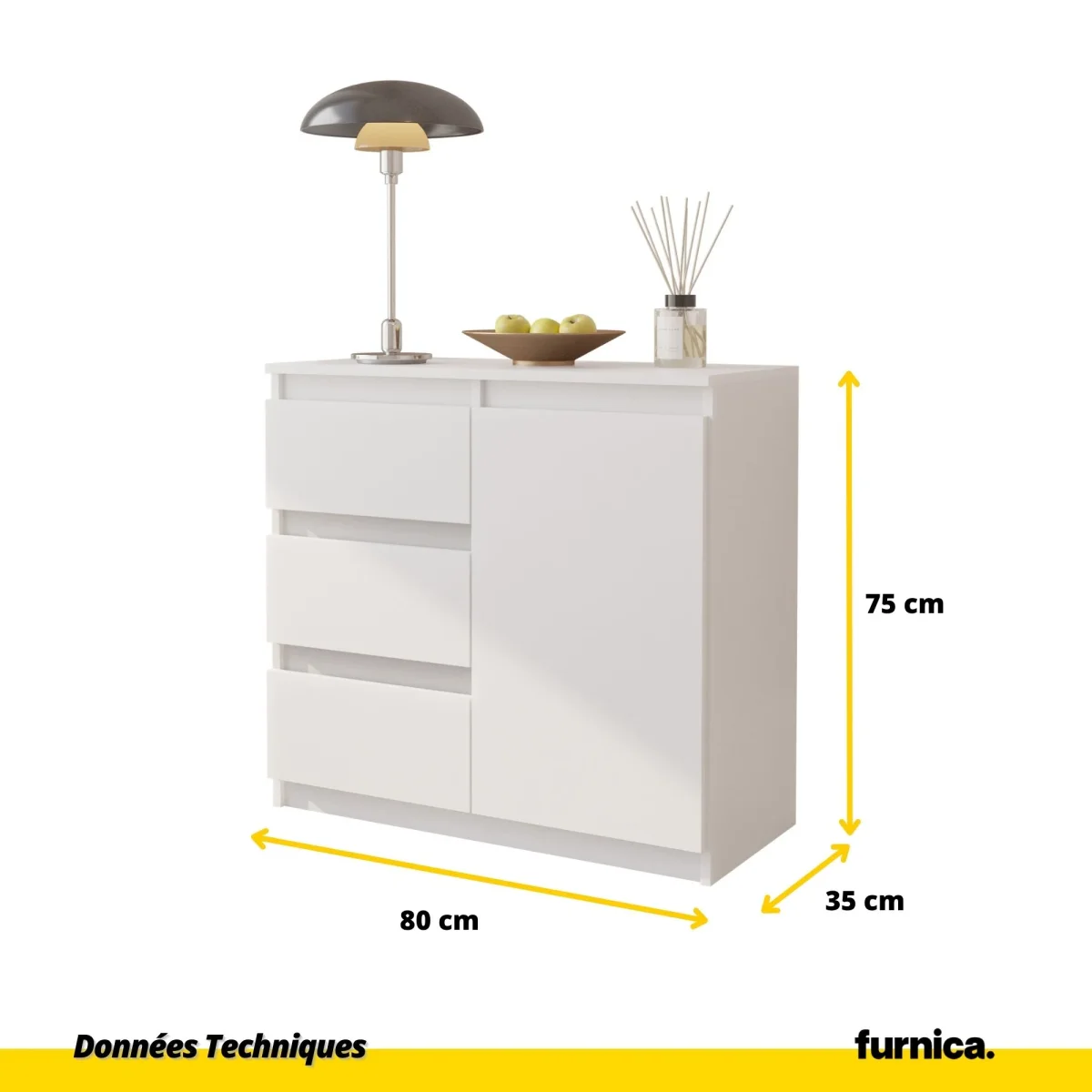 MIKEL - Commode 3 Tiroirs et 1 Porte - Armoire de Rangement pour Couloir/Chambre à Coucher - Buffet - H75cm L80cm P35cm (Blanc) – Image 3