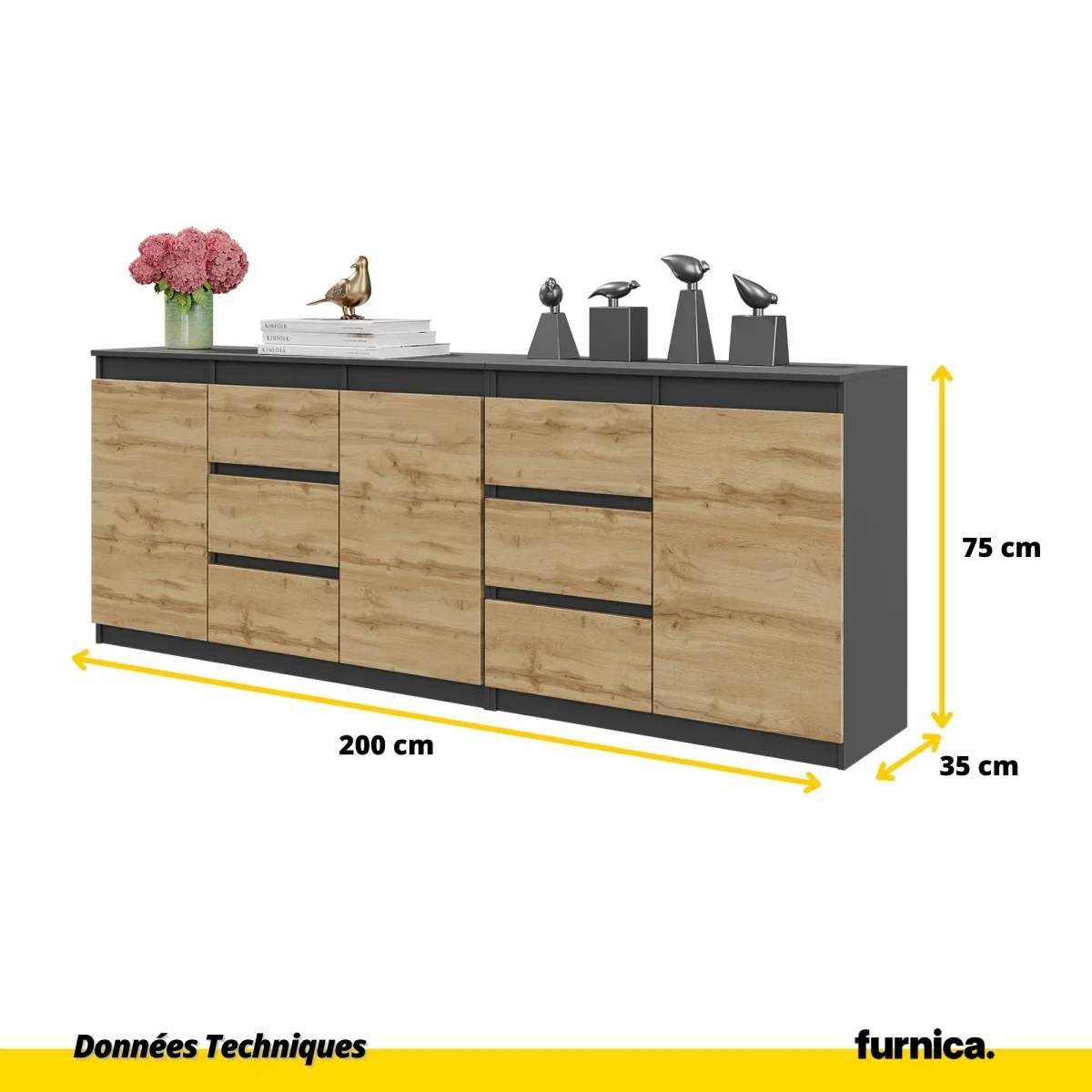 MIKEL - Commode 6 Tiroirs et 3 Portes - Armoire de Rangement pour Couloir / Chambre à Coucher - Buffet - Anthracite / Chêne Wotan H75cm L200cm P35cm – Image 3
