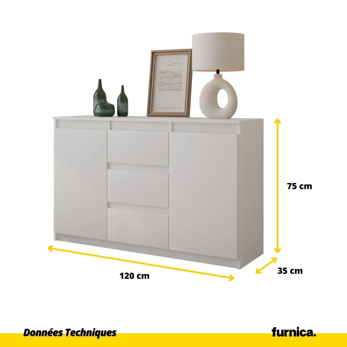 MIKEL - Commode 3 Tiroirs et 2 Portes - Armoire de Rangement pour Couloir/Chambre à Coucher - Buffet - H75cm L120cm P35cm (Blanc) – Image 3