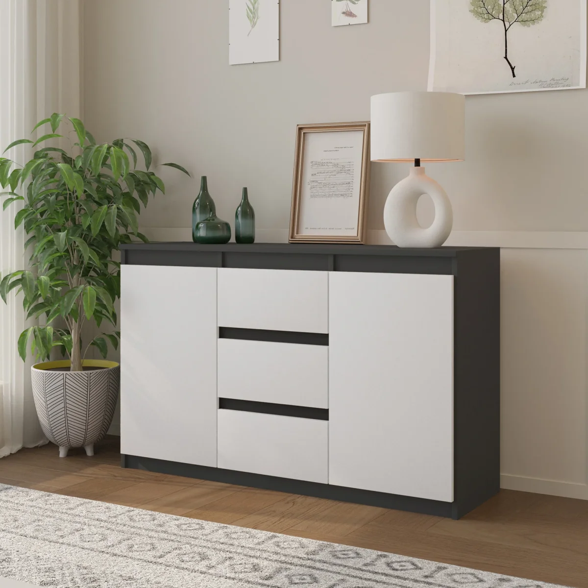 MIKEL - Commode 3 Tiroirs et 2 Portes - Armoire de Rangement pour Couloir/Chambre à Coucher - Buffet - H75cm L120cm P35cm (Anthracite/Blanc) – Image 5