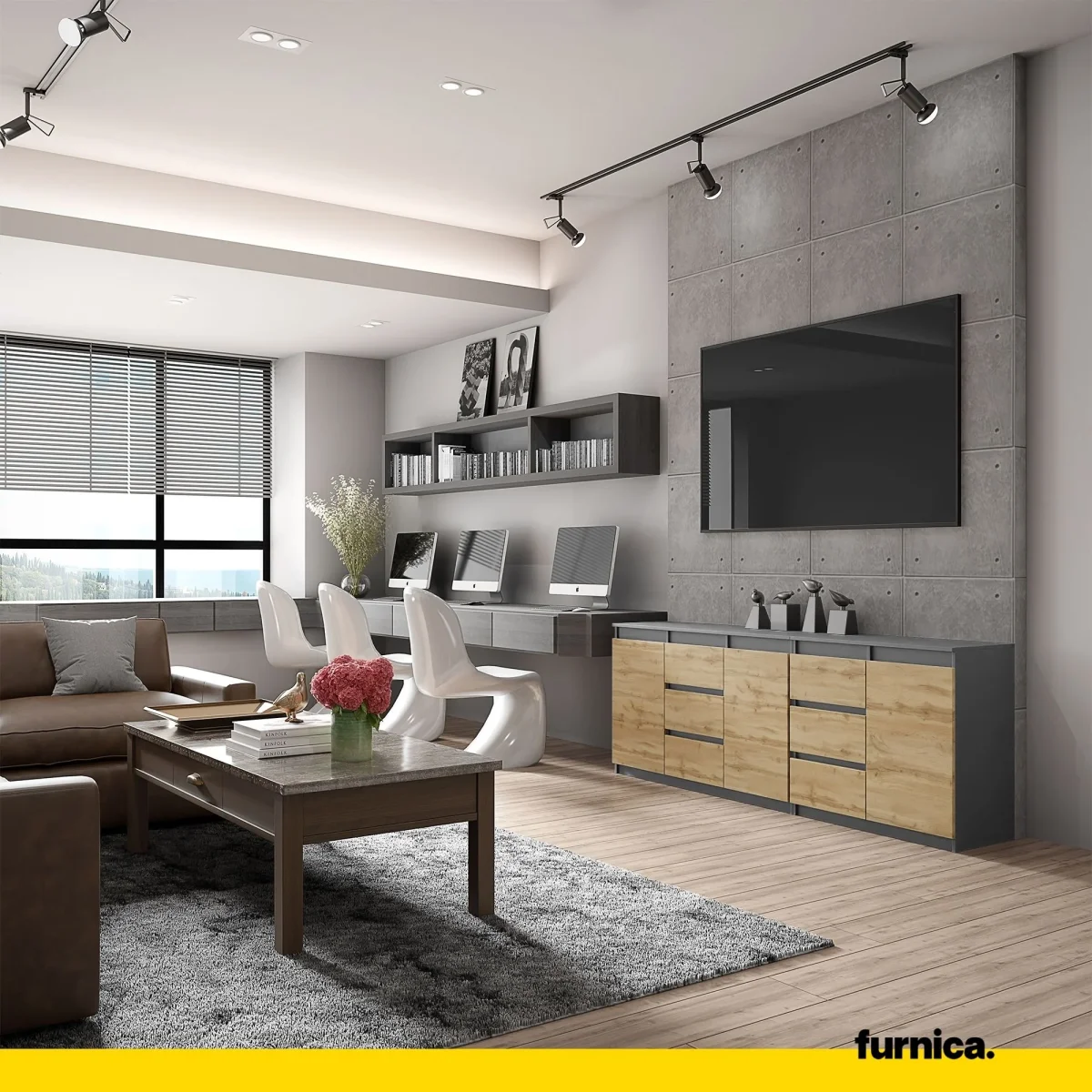 MIKEL - Commode 6 Tiroirs et 3 Portes - Armoire de Rangement pour Couloir / Chambre à Coucher - Buffet - Anthracite / Chêne Wotan H75cm L200cm P35cm – Image 4