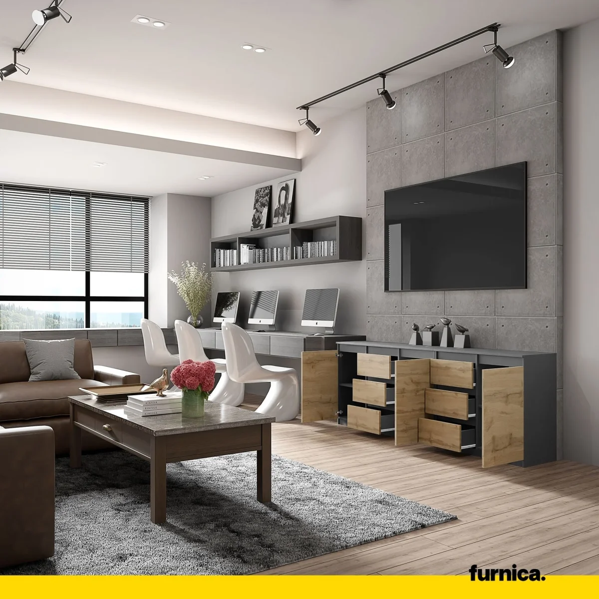 MIKEL - Commode 6 Tiroirs et 3 Portes - Armoire de Rangement pour Couloir / Chambre à Coucher - Buffet - Anthracite / Chêne Wotan H75cm L200cm P35cm – Image 5