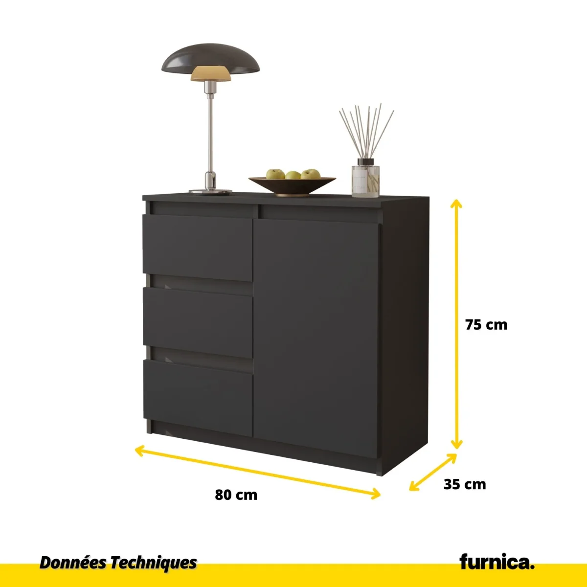 MIKEL - Commode 3 Tiroirs et 1 Porte - Armoire de Rangement pour Couloir/Chambre à Coucher - Buffet - H75cm L80cm P35cm (Anthracite) – Image 3