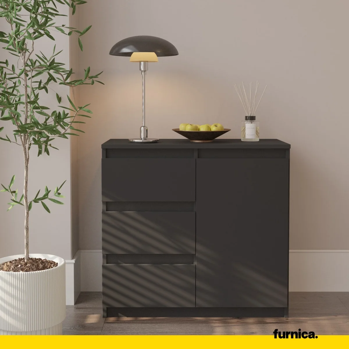 MIKEL - Commode 3 Tiroirs et 1 Porte - Armoire de Rangement pour Couloir/Chambre à Coucher - Buffet - H75cm L80cm P35cm (Anthracite) – Image 4