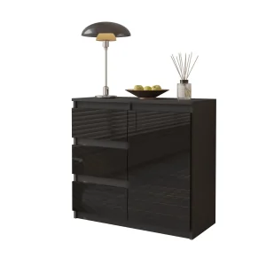 MIKEL - Commode 3 Tiroirs et 1 Porte - Armoire de Rangement pour Couloir/Chambre à Coucher - Buffet - H75cm L80cm P35cm (Anthracite/Noir Brillant)