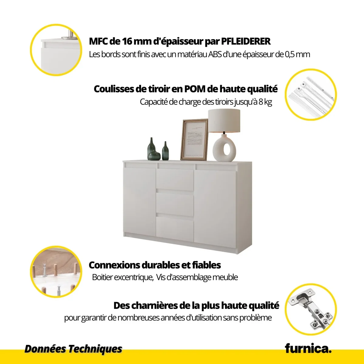 MIKEL - Commode 3 Tiroirs et 2 Portes - Armoire de Rangement pour Couloir/Chambre à Coucher - Buffet - H75cm L120cm P35cm (Blanc/Noir Brillant) – Image 7