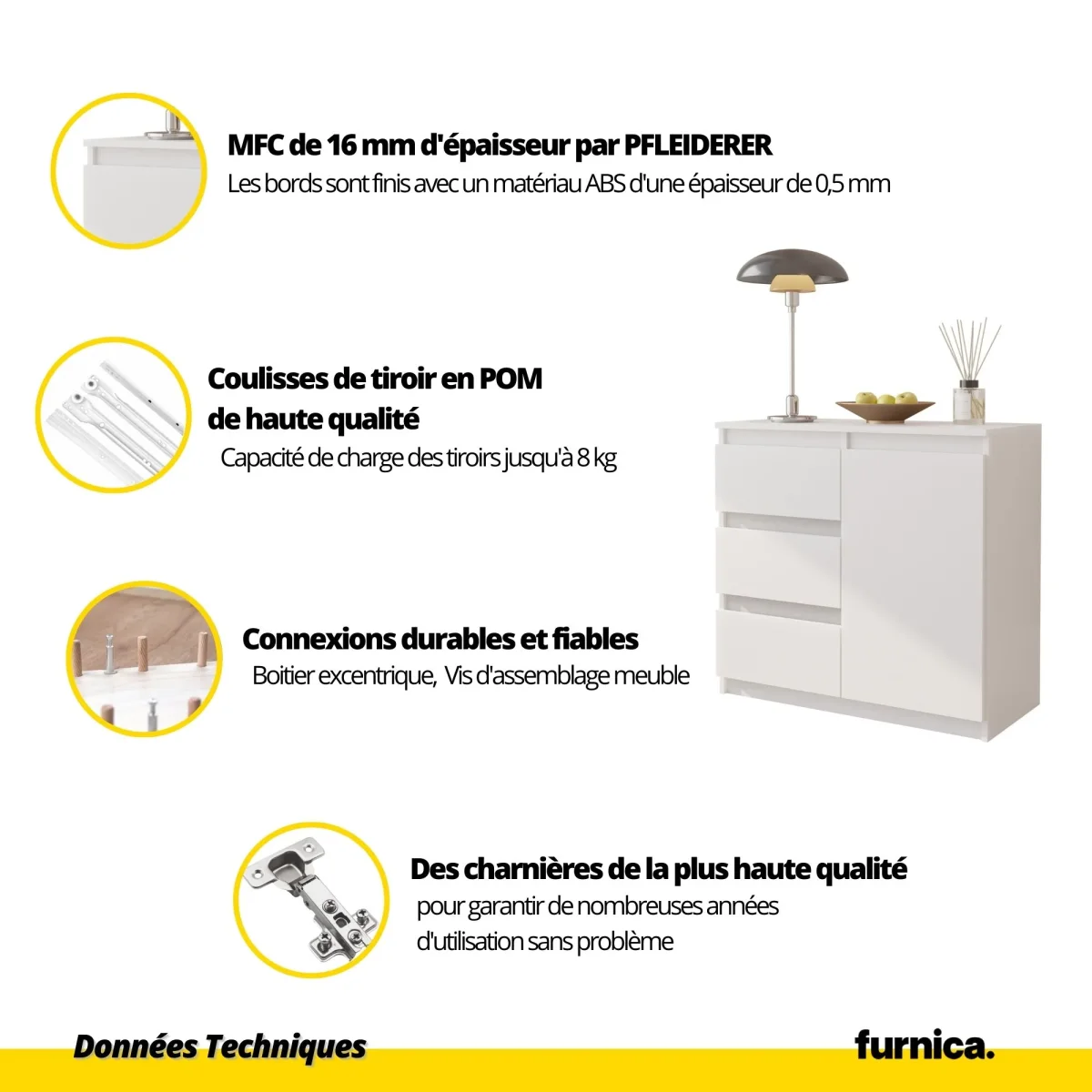 MIKEL - Commode 3 Tiroirs et 1 Porte - Armoire de Rangement pour Couloir/Chambre à Coucher - Buffet - H75cm L80cm P35cm (Blanc Matt/Blanc Brillant) – Image 7