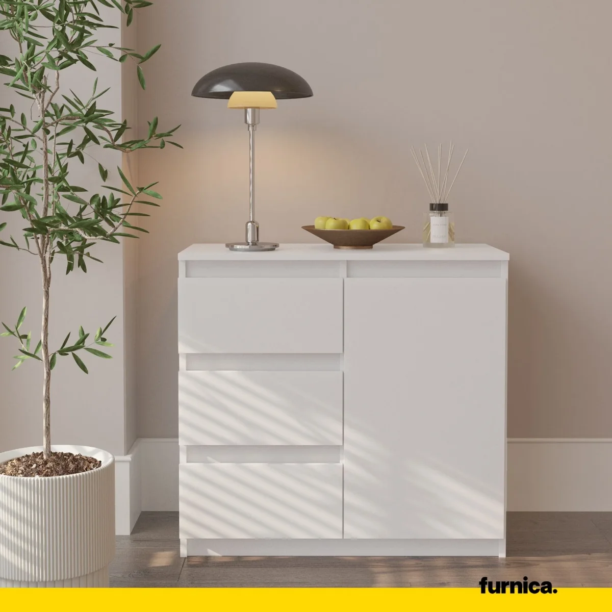 MIKEL - Commode 3 Tiroirs et 1 Porte - Armoire de Rangement pour Couloir/Chambre à Coucher - Buffet - H75cm L80cm P35cm (Blanc) – Image 4
