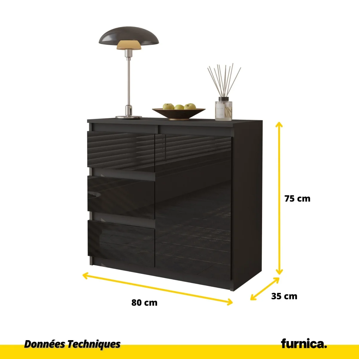 MIKEL - Commode 3 Tiroirs et 1 Porte - Armoire de Rangement pour Couloir/Chambre à Coucher - Buffet - H75cm L80cm P35cm (Anthracite/Noir Brillant) – Image 3