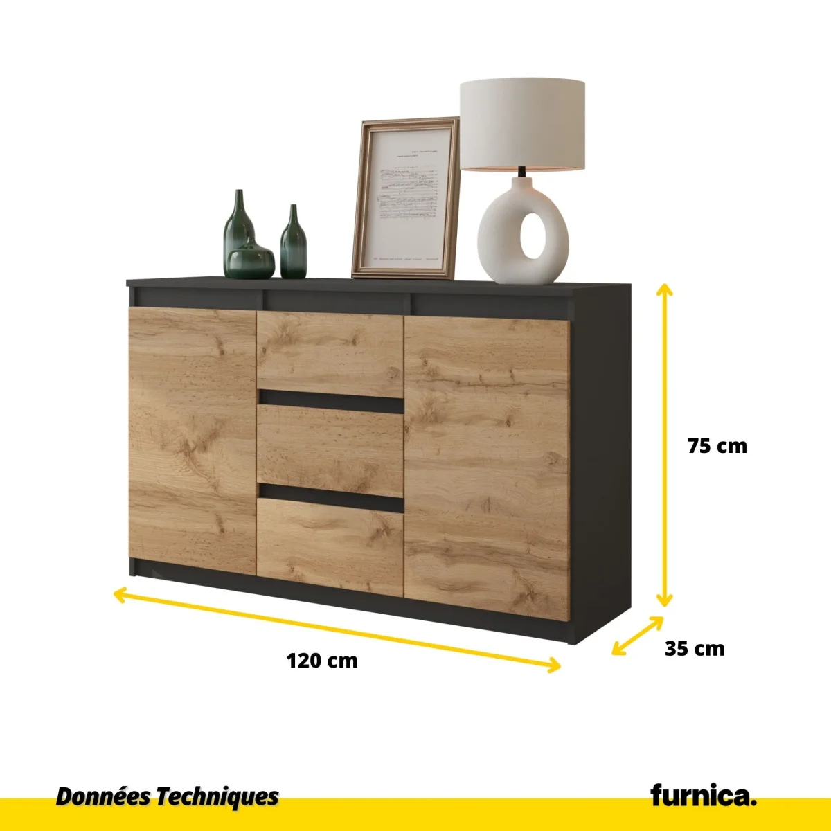 MIKEL - Commode 3 Tiroirs et 2 Portes - Armoire de Rangement pour Couloir/Chambre à Coucher - Buffet - H75cm L120cm P35cm (Anthracite/Chêne Wotan) – Image 3