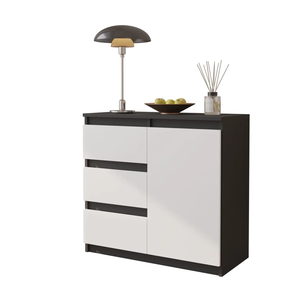 MIKEL - Commode 3 Tiroirs et 1 Porte - Armoire de Rangement pour Couloir/Chambre à Coucher - Buffet - H75cm L80cm P35cm (Anthracite/Blanc) – Image 2