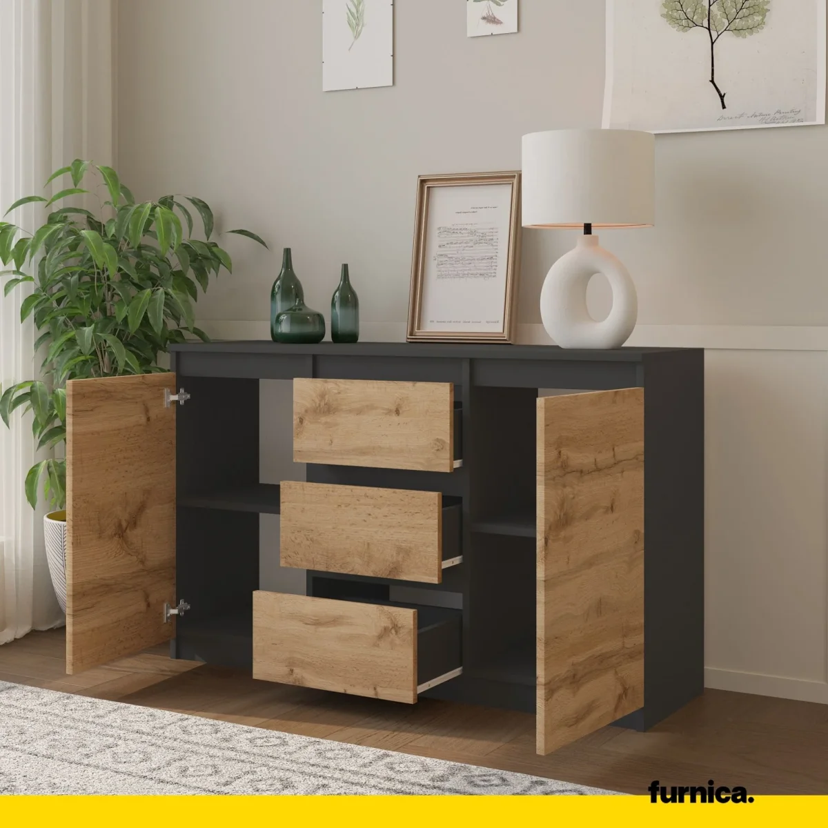 MIKEL - Commode 3 Tiroirs et 2 Portes - Armoire de Rangement pour Couloir/Chambre à Coucher - Buffet - H75cm L120cm P35cm (Anthracite/Chêne Wotan) – Image 6