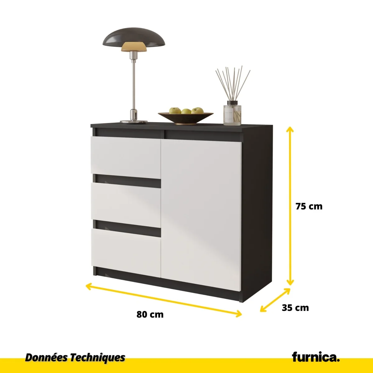 MIKEL - Commode 3 Tiroirs et 1 Porte - Armoire de Rangement pour Couloir/Chambre à Coucher - Buffet - H75cm L80cm P35cm (Anthracite/Blanc) – Image 3