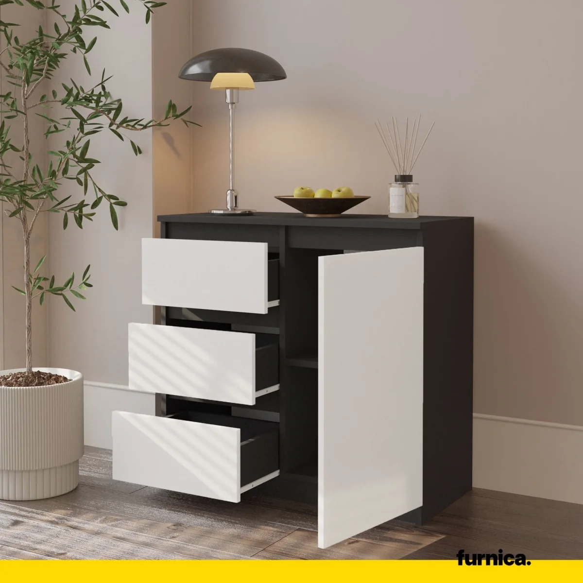 MIKEL - Commode 3 Tiroirs et 1 Porte - Armoire de Rangement pour Couloir/Chambre à Coucher - Buffet - H75cm L80cm P35cm (Anthracite/Blanc) – Image 6