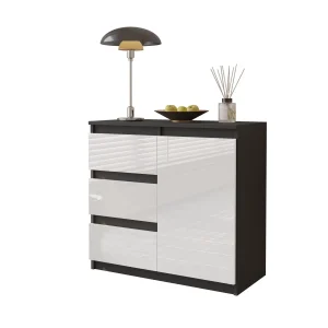 MIKEL - Commode 3 Tiroirs et 1 Porte - Armoire de Rangement pour Couloir/Chambre à Coucher - Buffet - H75cm L80cm P35cm (Anthracite/Blanc Brillant)