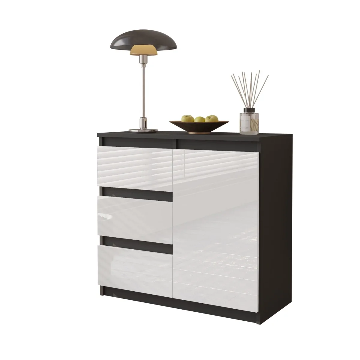 MIKEL - Commode 3 Tiroirs et 1 Porte - Armoire de Rangement pour Couloir/Chambre à Coucher - Buffet - H75cm L80cm P35cm (Anthracite/Blanc Brillant)