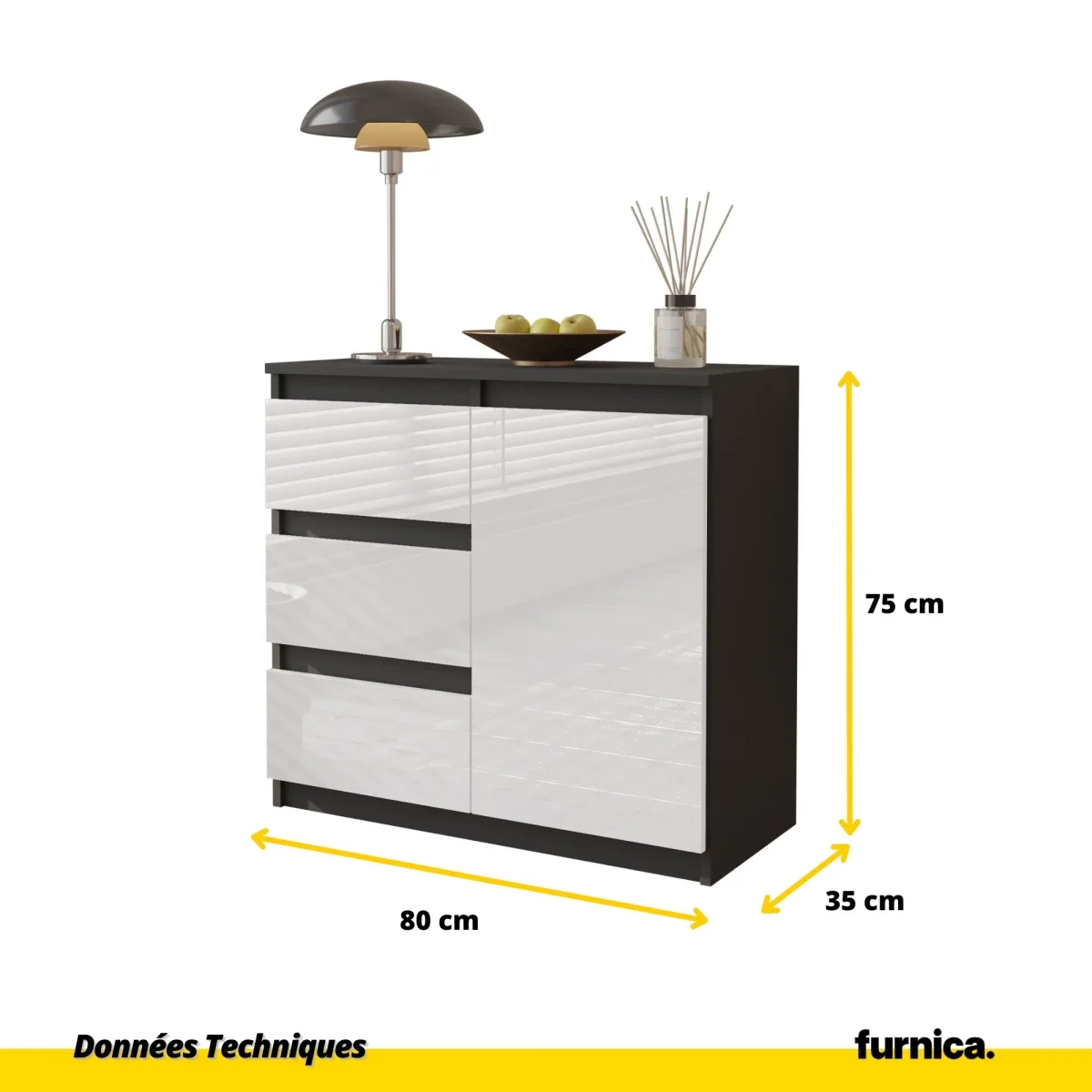MIKEL - Commode 3 Tiroirs et 1 Porte - Armoire de Rangement pour Couloir/Chambre à Coucher - Buffet - H75cm L80cm P35cm (Anthracite/Blanc Brillant) – Image 3