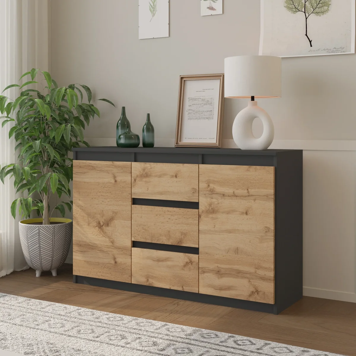 MIKEL - Commode 3 Tiroirs et 2 Portes - Armoire de Rangement pour Couloir/Chambre à Coucher - Buffet - H75cm L120cm P35cm (Anthracite/Chêne Wotan) – Image 5