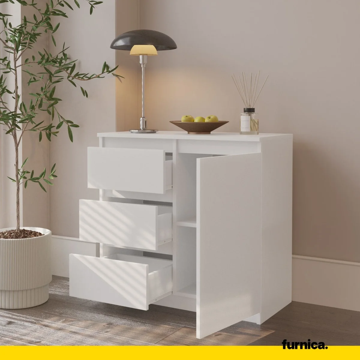MIKEL - Commode 3 Tiroirs et 1 Porte - Armoire de Rangement pour Couloir/Chambre à Coucher - Buffet - H75cm L80cm P35cm (Blanc) – Image 6