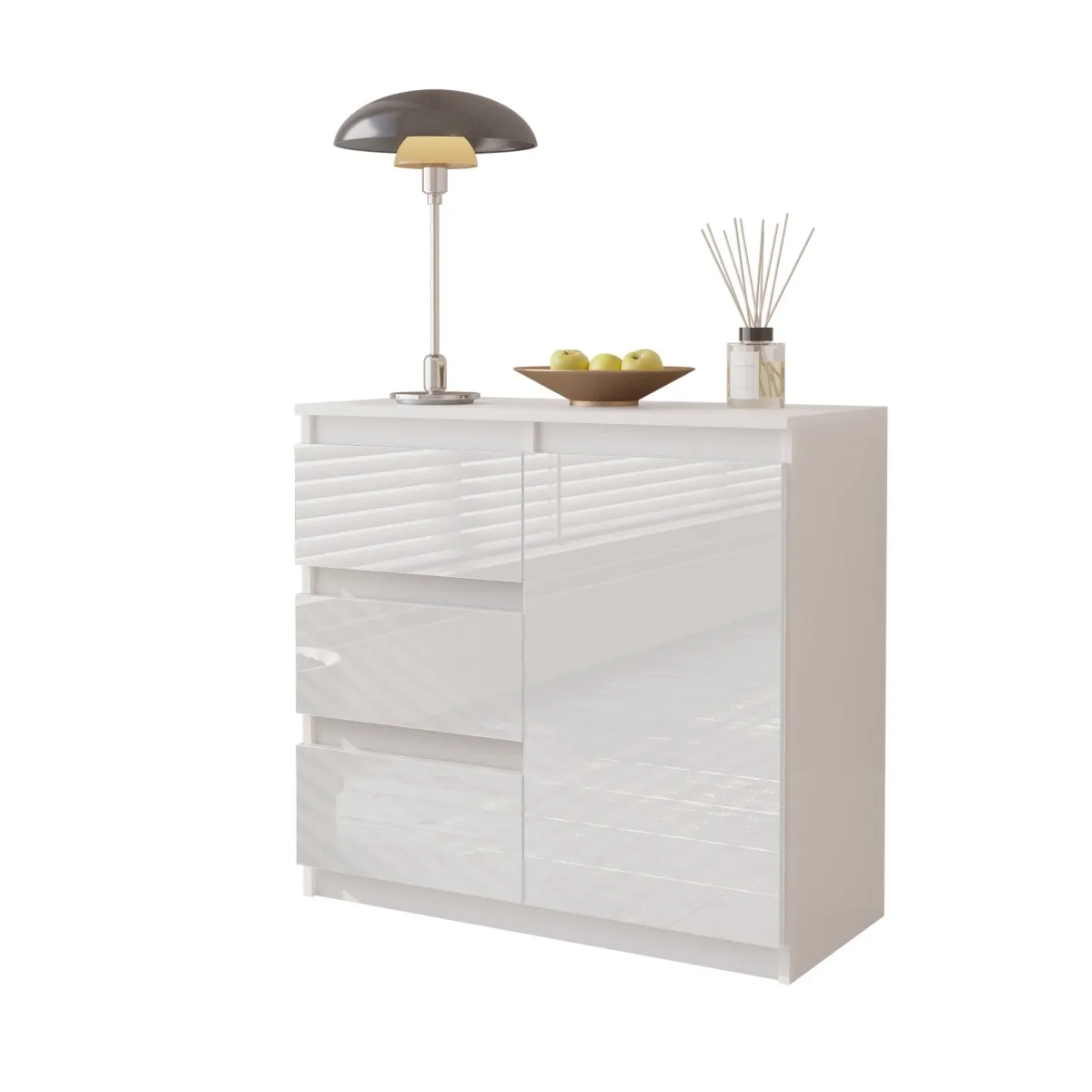 MIKEL - Commode 3 Tiroirs et 1 Porte - Armoire de Rangement pour Couloir/Chambre à Coucher - Buffet - H75cm L80cm P35cm (Blanc Matt/Blanc Brillant)
