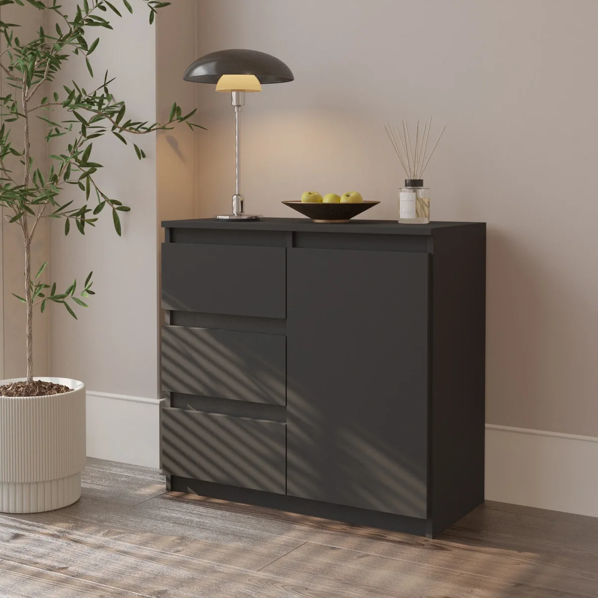 MIKEL - Commode 3 Tiroirs et 1 Porte - Armoire de Rangement pour Couloir/Chambre à Coucher - Buffet - H75cm L80cm P35cm (Anthracite) – Image 5