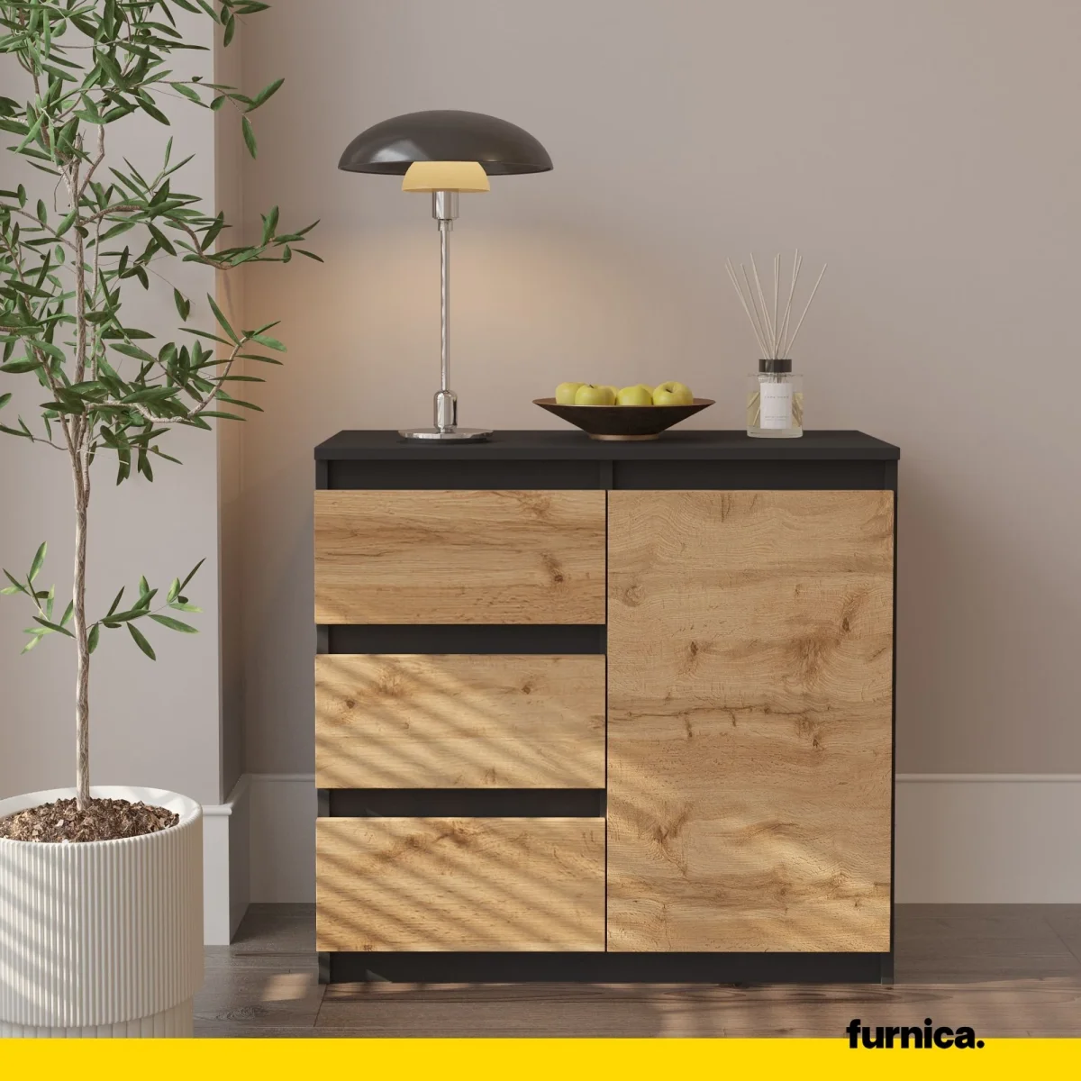 MIKEL - Commode 3 Tiroirs et 1 Porte - Armoire de Rangement pour Couloir / Chambre à Coucher - Buffet - H75cm L80cm P35cm (Anthracite / Chêne Wotan) – Image 4