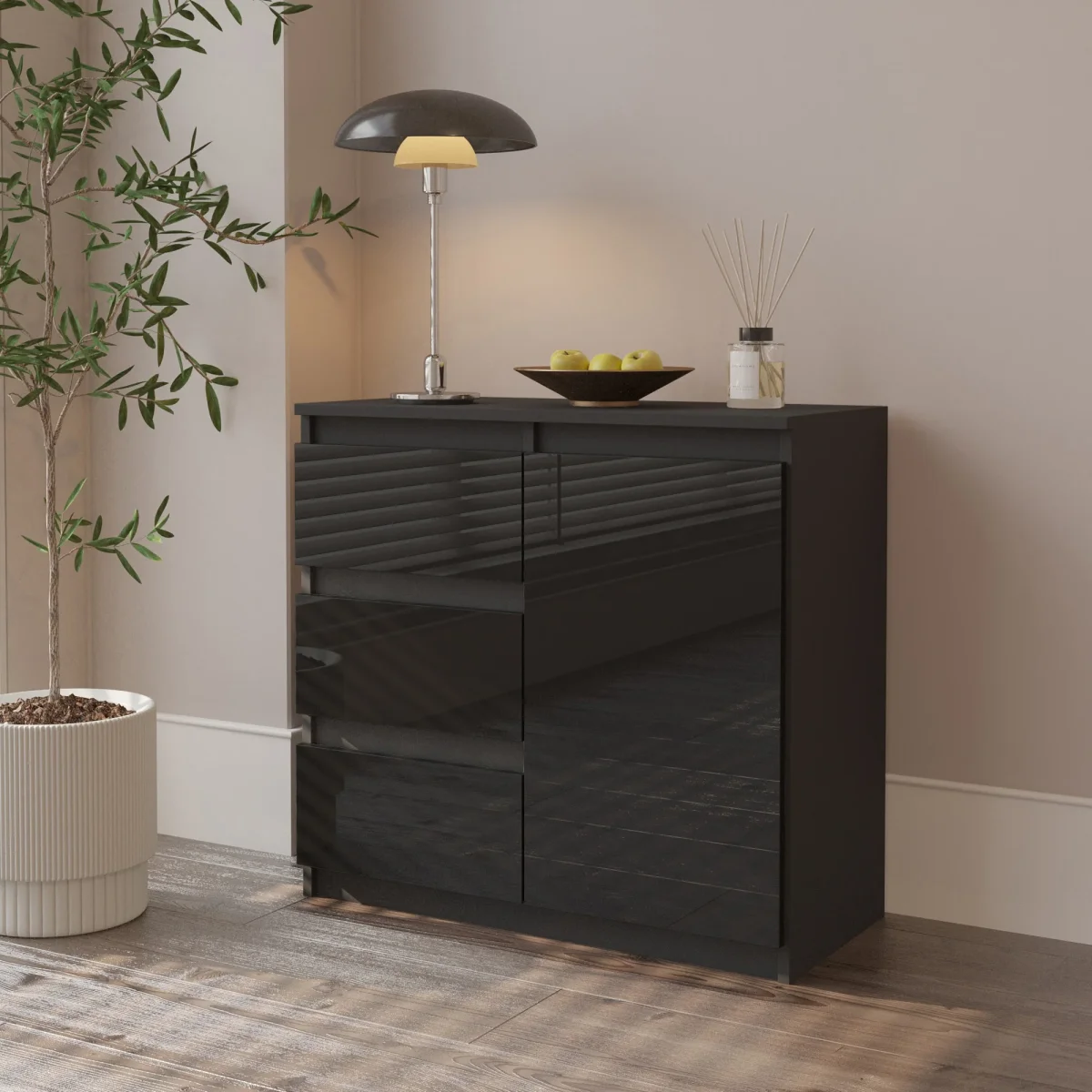 MIKEL - Commode 3 Tiroirs et 1 Porte - Armoire de Rangement pour Couloir/Chambre à Coucher - Buffet - H75cm L80cm P35cm (Anthracite/Noir Brillant) – Image 5