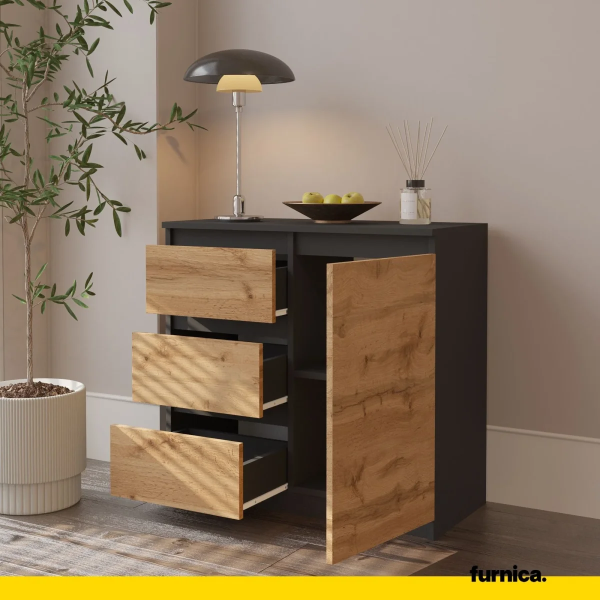 MIKEL - Commode 3 Tiroirs et 1 Porte - Armoire de Rangement pour Couloir / Chambre à Coucher - Buffet - H75cm L80cm P35cm (Anthracite / Chêne Wotan) – Image 6