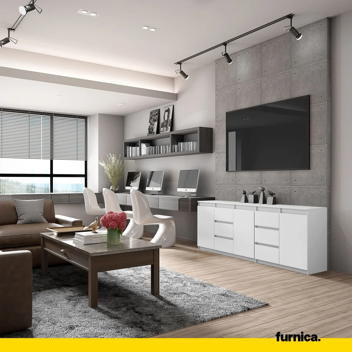 MIKEL - Commode 6 Tiroirs et 3 Portes - Armoire de Rangement pour Couloir / Chambre à Coucher - Buffet - Blanc Matt H75cm L200cm P35cm – Image 4