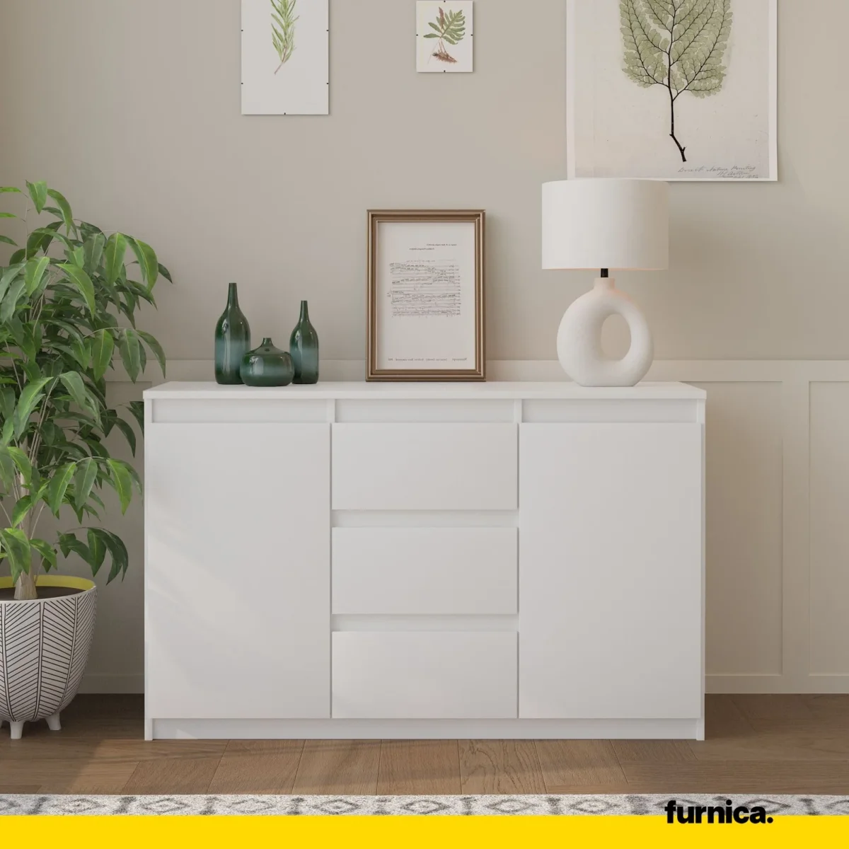 MIKEL - Commode 3 Tiroirs et 2 Portes - Armoire de Rangement pour Couloir/Chambre à Coucher - Buffet - H75cm L120cm P35cm (Blanc) – Image 4