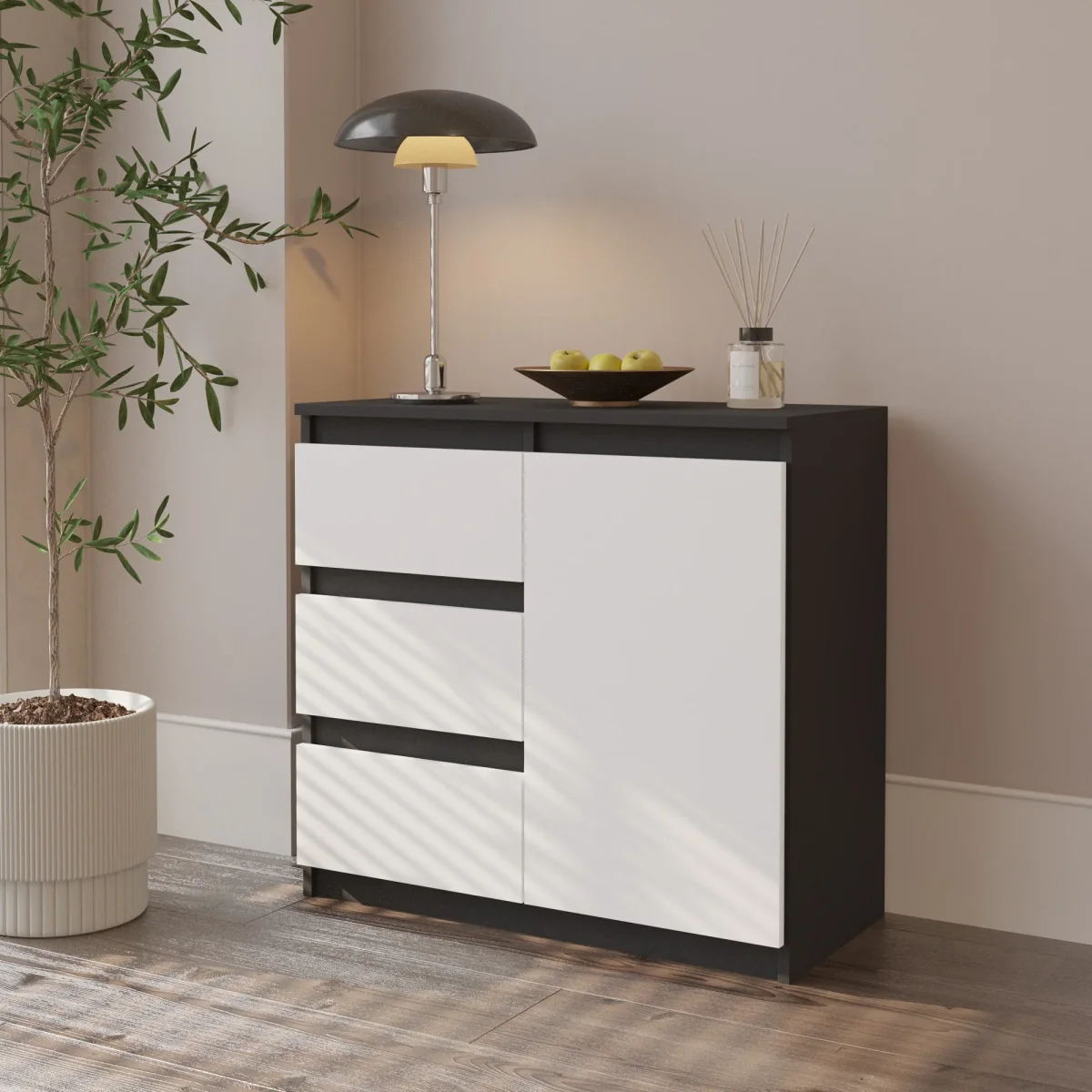 MIKEL - Commode 3 Tiroirs et 1 Porte - Armoire de Rangement pour Couloir/Chambre à Coucher - Buffet - H75cm L80cm P35cm (Anthracite/Blanc) – Image 5
