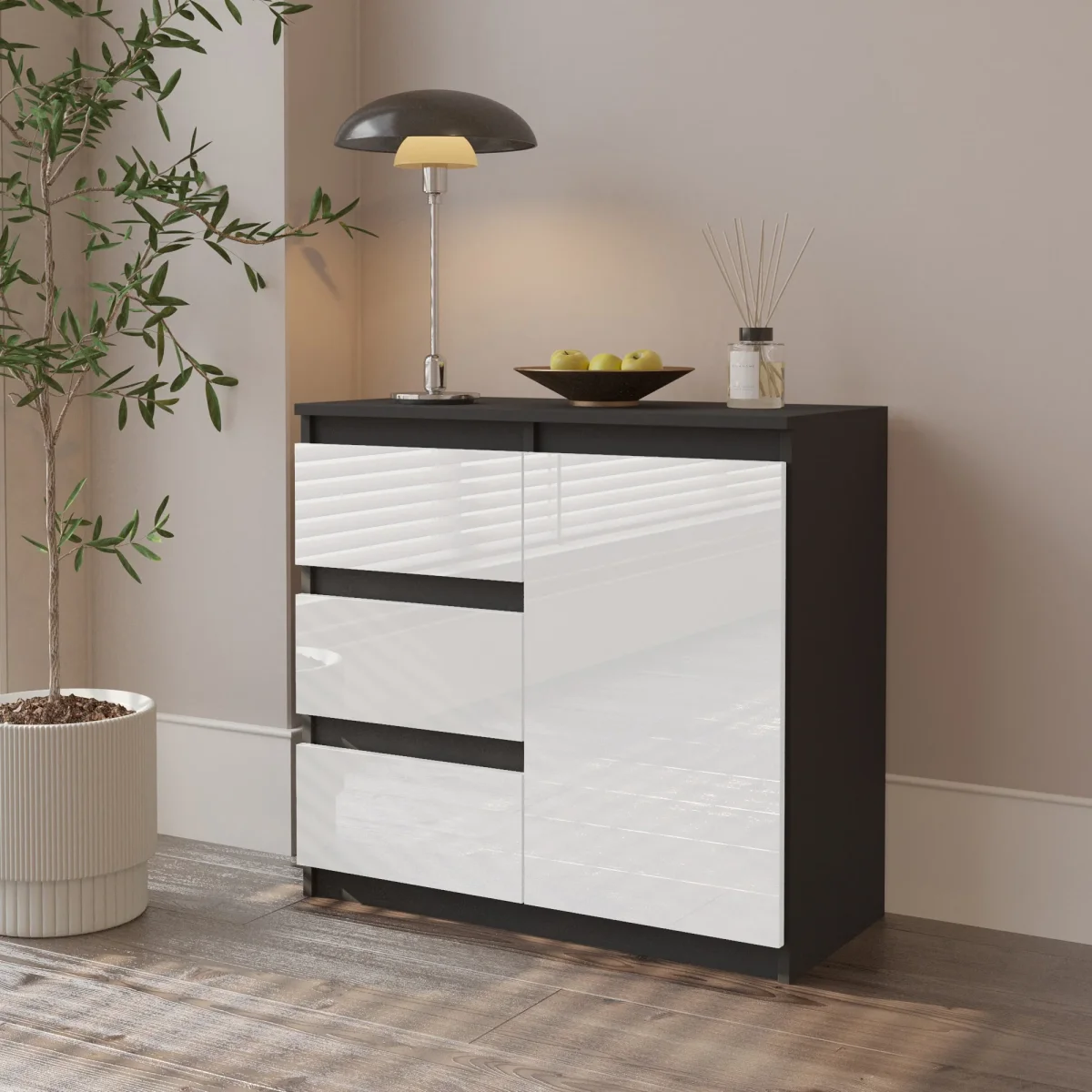 MIKEL - Commode 3 Tiroirs et 1 Porte - Armoire de Rangement pour Couloir/Chambre à Coucher - Buffet - H75cm L80cm P35cm (Anthracite/Blanc Brillant) – Image 5