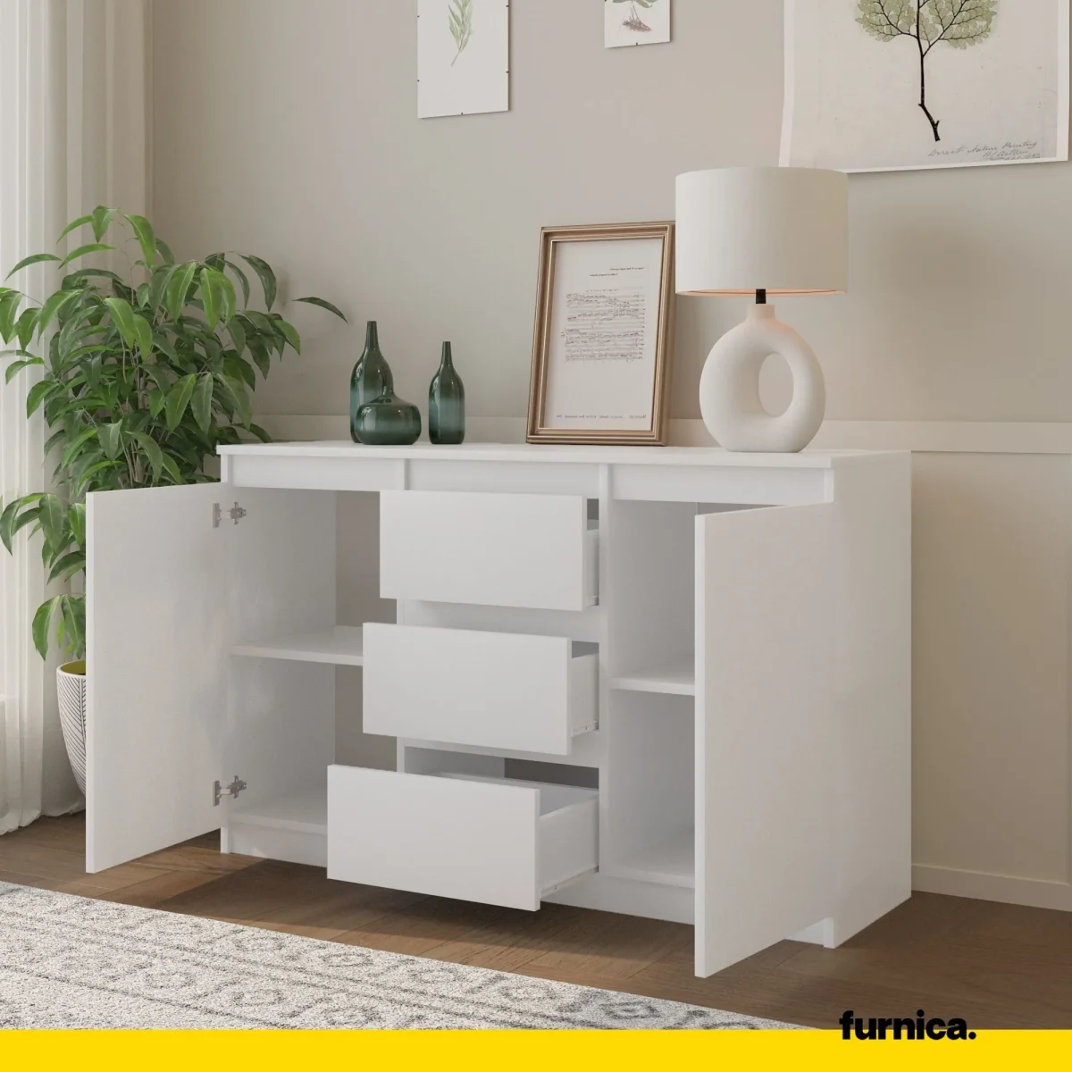 MIKEL - Commode 3 Tiroirs et 2 Portes - Armoire de Rangement pour Couloir/Chambre à Coucher - Buffet - H75cm L120cm P35cm (Blanc) – Image 5