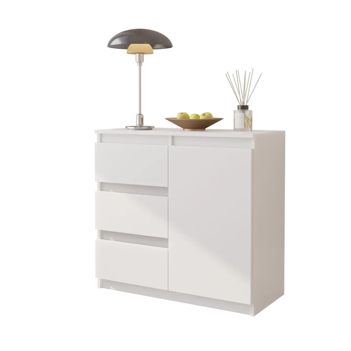 MIKEL - Commode 3 Tiroirs et 1 Porte - Armoire de Rangement pour Couloir/Chambre à Coucher - Buffet - H75cm L80cm P35cm (Blanc) – Image 2