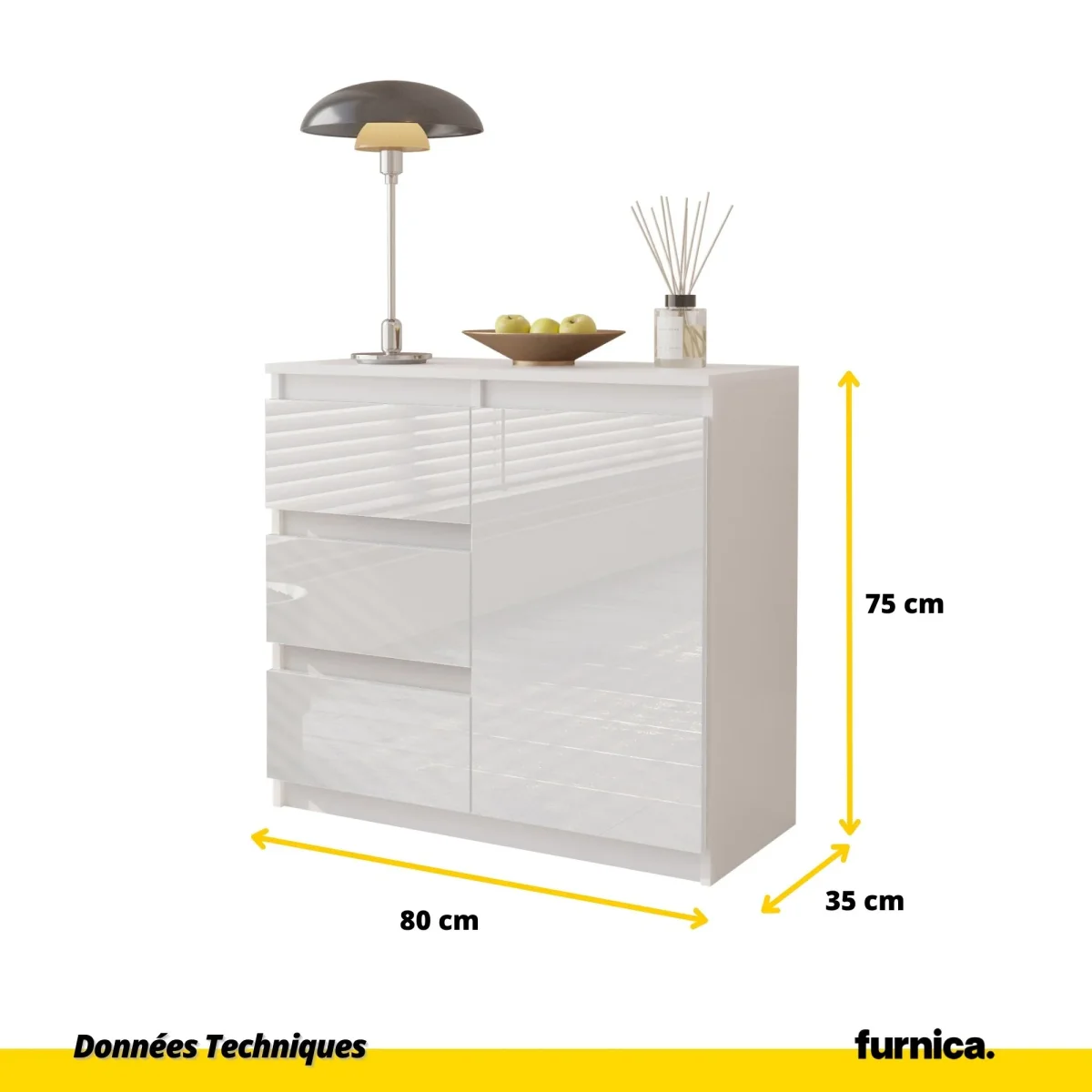 MIKEL - Commode 3 Tiroirs et 1 Porte - Armoire de Rangement pour Couloir/Chambre à Coucher - Buffet - H75cm L80cm P35cm (Blanc Matt/Blanc Brillant) – Image 3