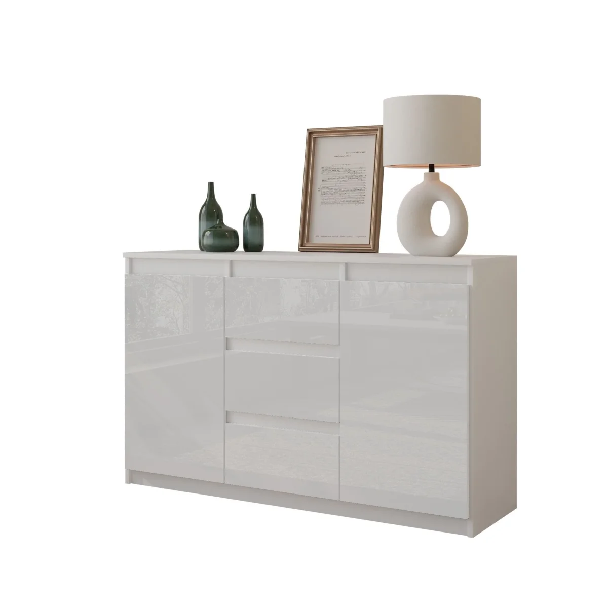 MIKEL - Commode 3 Tiroirs et 2 Portes - Armoire de Rangement pour Couloir/Chambre à Coucher - Buffet - H75cm L120cm P35cm (Blanc Matt/Blanc Brillant) – Image 2