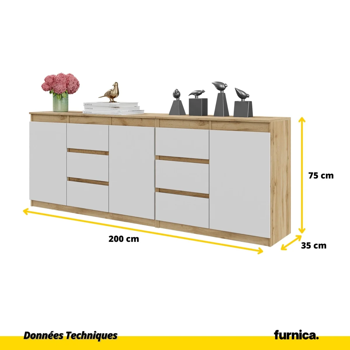 MIKEL - Commode 6 Tiroirs et 3 Portes - Armoire de Rangement pour Couloir / Chambre à Coucher - Buffet - Chêne Wotan / Blanc Matt H75cm L200cm P35cm – Image 3