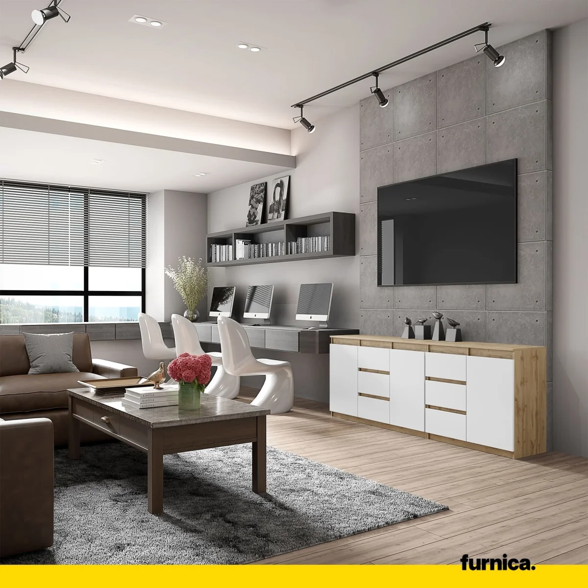 MIKEL - Commode 6 Tiroirs et 3 Portes - Armoire de Rangement pour Couloir / Chambre à Coucher - Buffet - Chêne Wotan / Blanc Matt H75cm L200cm P35cm – Image 4