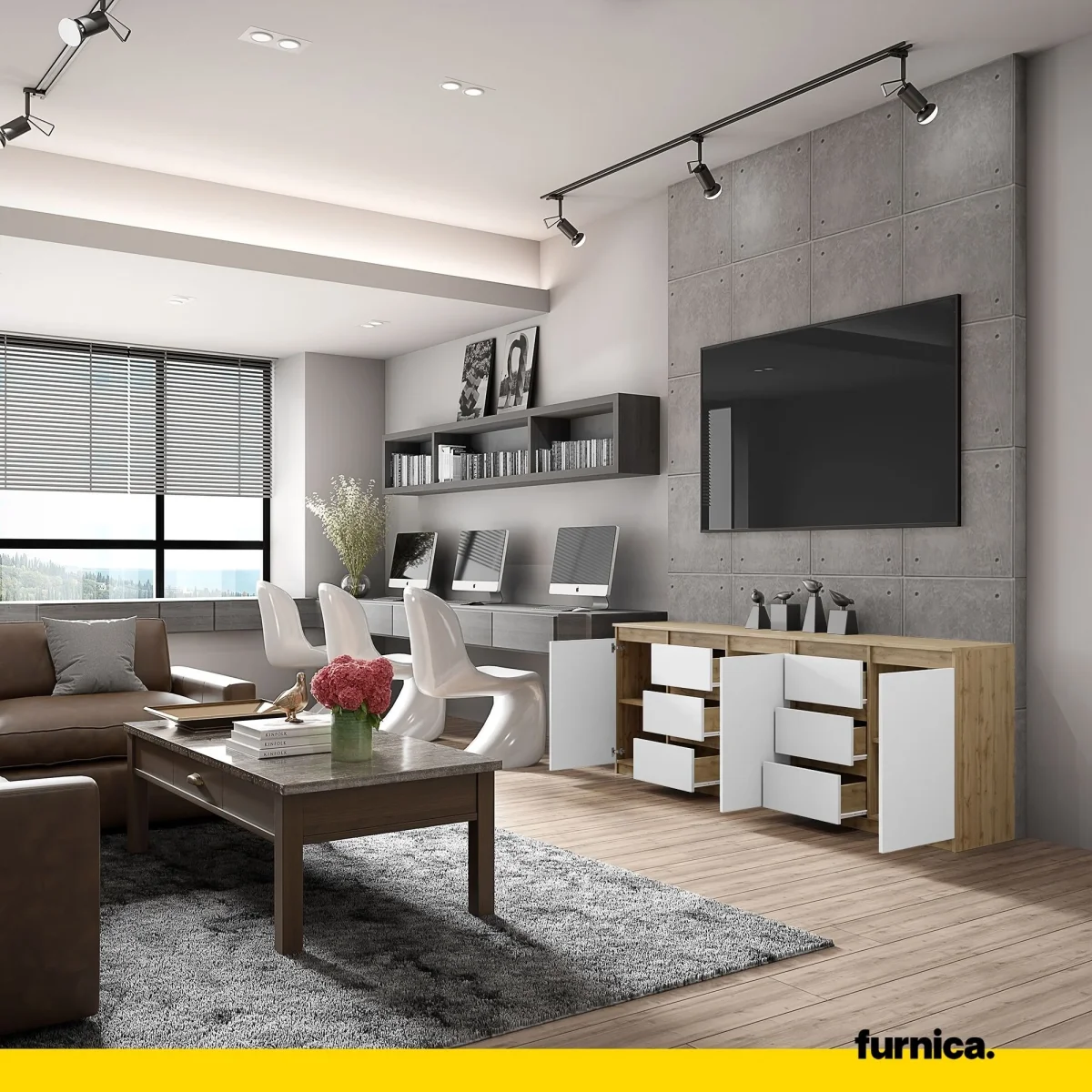 MIKEL - Commode 6 Tiroirs et 3 Portes - Armoire de Rangement pour Couloir / Chambre à Coucher - Buffet - Chêne Wotan / Blanc Matt H75cm L200cm P35cm – Image 5