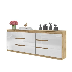 MIKEL - Commode 6 Tiroirs et 3 Portes - Armoire de Rangement pour Couloir / Chambre à Coucher - Buffet - Chêne Wotan / Blanc Brillant H75cm L200cm P35cm