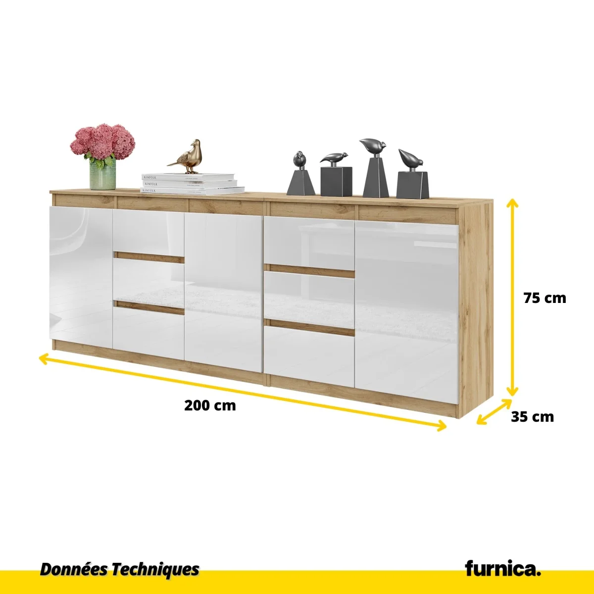 MIKEL - Commode 6 Tiroirs et 3 Portes - Armoire de Rangement pour Couloir / Chambre à Coucher - Buffet - Chêne Wotan / Blanc Brillant H75cm L200cm P35cm – Image 3