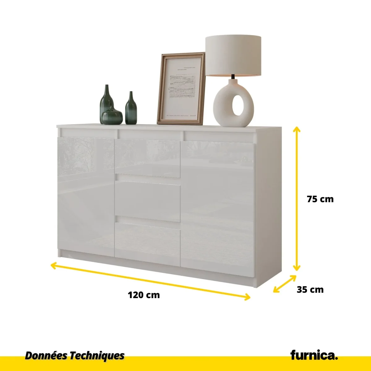 MIKEL - Commode 3 Tiroirs et 2 Portes - Armoire de Rangement pour Couloir/Chambre à Coucher - Buffet - H75cm L120cm P35cm (Blanc Matt/Blanc Brillant) – Image 3