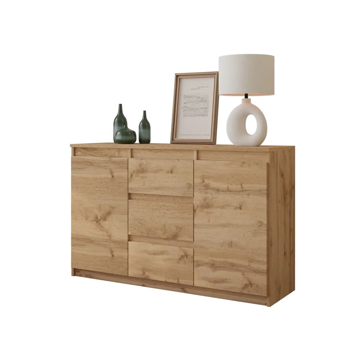MIKEL - Commode 3 Tiroirs et 2 Portes - Armoire de Rangement pour Couloir / Chambre à Coucher - Buffet - H75cm L120cm P35cm (Chêne Wotan) – Image 2