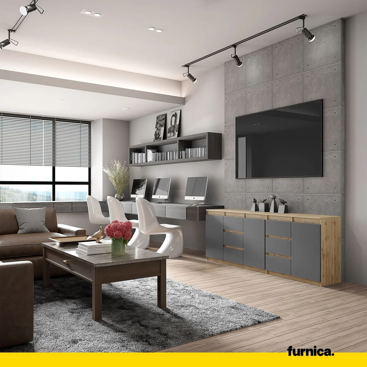 MIKEL - Commode 6 Tiroirs et 3 Portes - Armoire de Rangement pour Couloir / Chambre à Coucher - Buffet - Chêne Wotan / Anthracite H75cm L200cm P35cm – Image 4