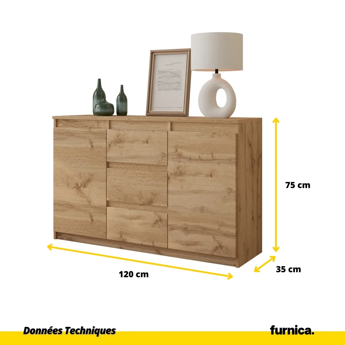 MIKEL - Commode 3 Tiroirs et 2 Portes - Armoire de Rangement pour Couloir / Chambre à Coucher - Buffet - H75cm L120cm P35cm (Chêne Wotan) – Image 3